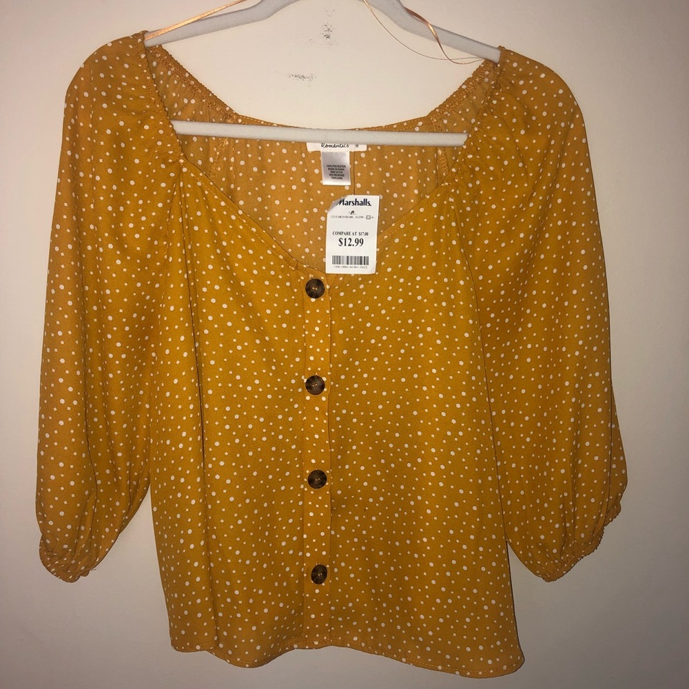 Yellow long sleeve polka dot blouse